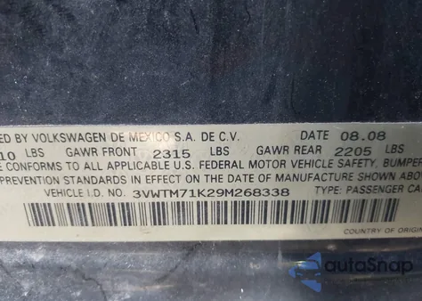 2009 Volkswagen Jetta 2.5L Se from USA, damaged, VIN 3VWTM71K29M268338